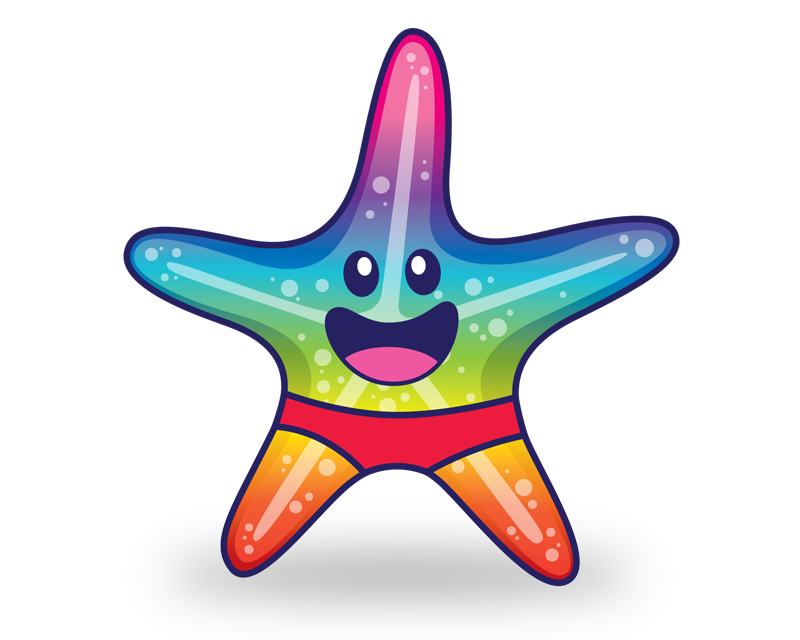 A cartoon-like illustration of rainbow-hued Whetū the starfish, smiling broadly and wearing a pair of red speedos.